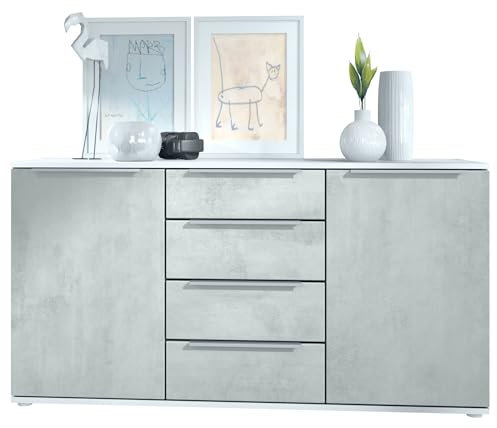 Vladon Sideboard Linio 139 x 72,5 x 35 cm Anrichte mit 2 Türen und 4 Schubladen, Korpus in Weiß matt, Fronten in Beton Oxid Optik