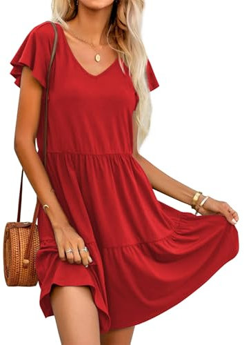HOTOUCH Womens Summer Dress Casual Short Sleeve V-Neck Swing Dresses Flowy Tiered Ruffle Dress with Pockets Red S