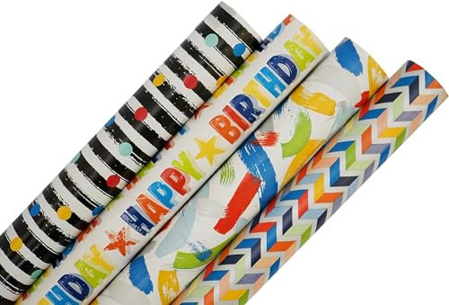 ZOPPER 4 x 3M Happy Birthday Gift Wrapping Paper Roll Suitable for Adult and Kids in Any Special Occasion, Wedding, Birthday, Christmas or Festive Decoration. (Image May Vary) Total 12M
