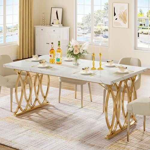 Tribesigns Moderner Esstisch für 6 Personen, Tisch Wohnzimmer, 160 x 80 x 75 cm, Rechteckig, Küchentisch, Esstisch für Esszimmer und Küche, Wohnzimmer, Moderner-Design, Weiß und Gold