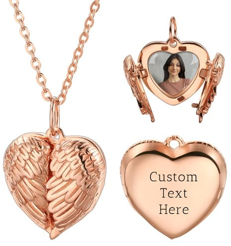 OTXIXTO Personalisierte Herz Medaillon Halskette mit Bild Innen Individuell Foto/Text Herz Medaillon Anhänger Halskette mit Engelsflügel 925 Silber Herz Medaillon Charm Halsketten (B: Roségold)
