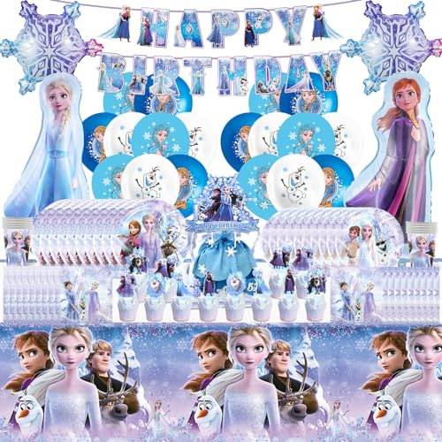 Birthday Party Decorations, 87PCS Party Tableware Set Party Supplies Balloons Snow Birthday Decorations Cake Toppers Napkins Birthday Banner Plates Party Tableware