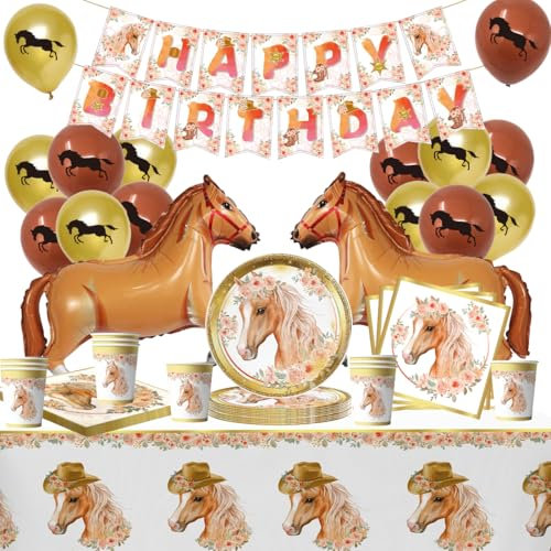 Pferde Deko Geburtstag, 78 Stück Pferde Partygeschirr Set, Pferd Pappteller Pappbecher Servietten Tischdecke Luftballon, Pferd Party Deko Kindergeburtstag 20 Gäste