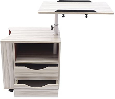TuliperMood Comodino, camera da letto, comodino girevole regolabile, multifunzione, tavolo per computer portatile, con desktop e 2 cassetti, mobili, legno d'acero bianco