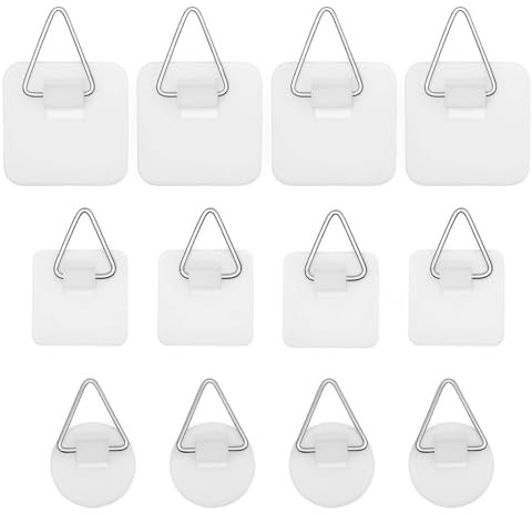AOEVUIR 12 Pcs Ganci per cornici in PS (polistirene) Ganci ADESIVI Attaccaglie in plastica e adesivo per superfici liscie