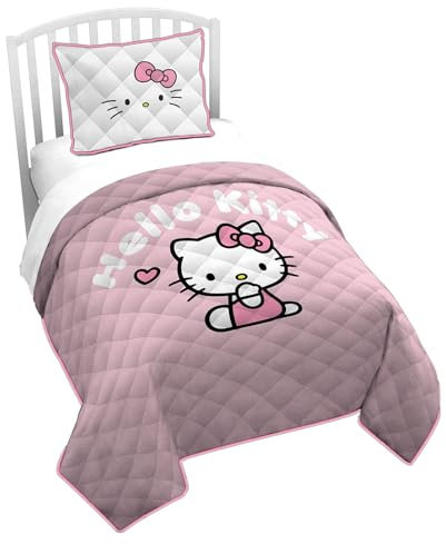 Jay Franco Hello Kitty Bettwäsche-Set mit rosa Streifen und Herzen, für Doppelbett/Queen-Size-Bett, superweich, leicht