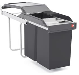 Hailo Abfallsammler Tandem 3650102 | für Unterschränke ab 300 mm Breite | Einbau Mülleimer 2x 15 L mit Biodeckel | Ausziehbar per Handauszug auf Rollenführung | In Kunststoff Anthrazit