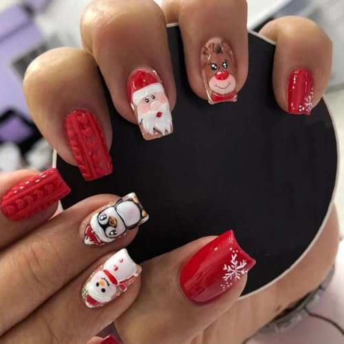 Christmas False Nails - 24Pcs Medium Square Christmas Fake Nails - Cute Elk Snowman Snowflake Santa Designs Press on Nails - Acrylic Full Cover False Nails with Glue for Nail Art