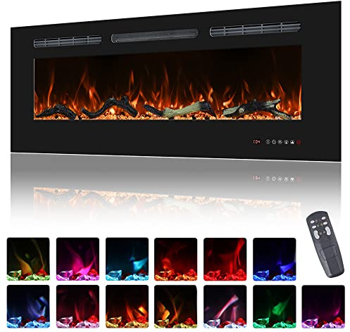 84cm Electric Fireplace Insert, Linear Wall Mounted Fireplace Heater, 13 * 13 Slim Flame Eeffects, Realistic Logs Ember Bed, Adjustable Thermostat, Timer, 1500W, UKCA, 33 inch, Black
