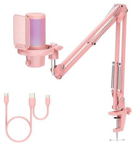 FEELWORLD VM1 Pink Gaming PC USB Microphone Condenser Mic with Noise Cancellation Mute RGB Light, Computer Accessories Gifts for Gamer YouTube Twitch Podcast Streaming Recording Online Chat PS4 PS5