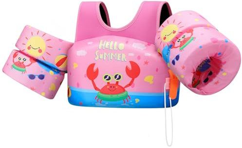 HeySplash Manguitos de Natación para Niños, Chaleco Flotante para Aprender a Nadar Piscina, Flotador con Brazaletes, Doble Hebilla de Segura Ajustable para Niños 3-10 Años, Rosa Azul Rojo Cangrejo