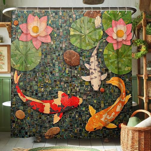 Rideau de douche motif poissons, rouge vif, orange et blanc, décoration pour salle de bain, printemps été, style zen moderne, rideau de douche en tissu imperméable avec crochets, 157 x 183 cm