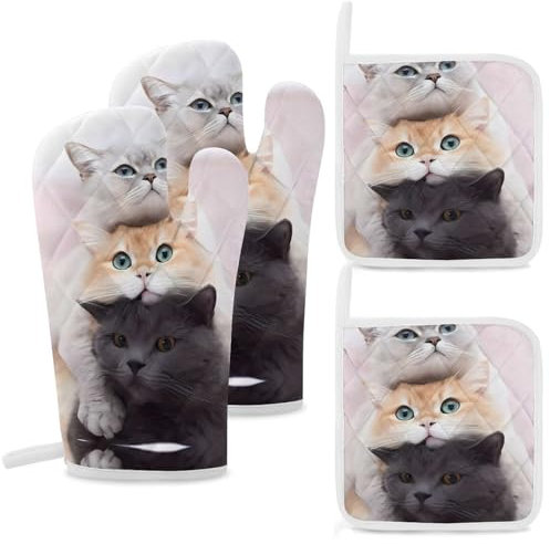 Set di 4 guanti da forno e presine con stampa di gatti, resistenti al calore, guanti da forno extra lunghi e cuscinetti caldi, guanti da cucina antiscivolo, in poliestere, per cucina, grigliare,