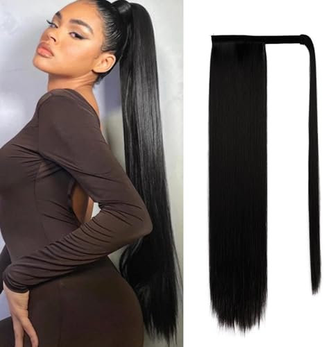 DKDDSSS Schwarz Pferdeschwanz Verlängerung, 60 cm Pferdeschwanz Haarteil, Zopf Pferdeschwanz Haarverlängerungen Synthetik Ponytail Extension für Damen, Natürliches Schwarz