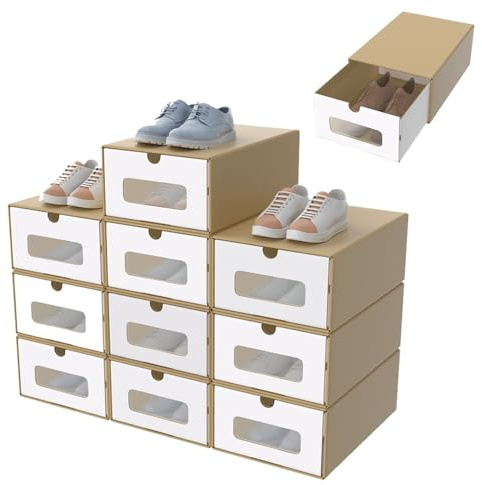 YARDIN 30 Stück Schuhboxen Stapelbar Boxen-Set,Aufbewahrungsbox Schubladen aus Pappe Karton,Schuhkarton Ordnungsboxen mit Transparentes Sichtfensterr,34.5 x 23.5 x 13.5 cm, Braun