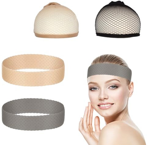 2 Stück Silikon Perückenband und 2 Stück Wig Cap, Rutschfestes Elastisches Stirnband, Atmungsaktive Perückenkappe Set für Damen, Glueless Perücke, Sport, Yoga, Perückenzubehör Kit