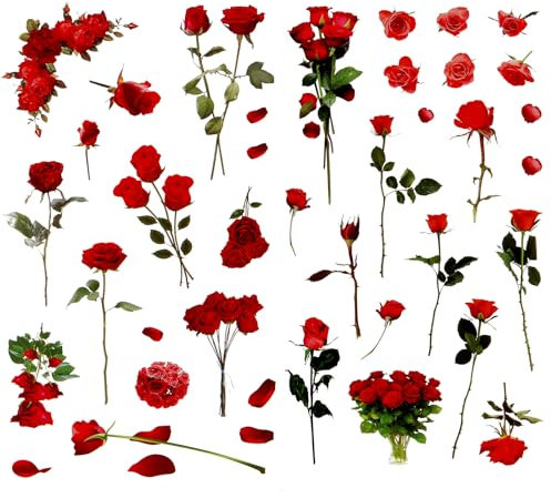 6 Blatt Rosen Sticker, Blumen Scrapbooking Aufkleber, Transparent Blumen Sticker, Wasserfeste Flower Stickers, PET Blumens Aufkleber, Pflanzen Blumens Stickers Set für Fotoalbum Sammelalbum Handwerk