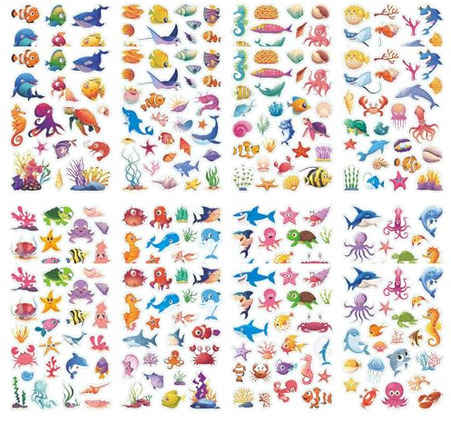 16 Sheets Ocean Sticker, Self-Adhesive Marine Life Stickers Featuring Turtles and Fish, Under The Sea Stickers for DIY Crafts, Ocean-Themed Parties, and Decorating Bottles and Refrigerators