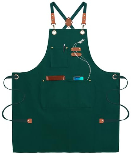 umboom Grün Leinwand Schürze, Kellner Schürze für Herren Damen mit Verstellbarem Riemen und 3 Taschen, Perfekt für Kellnerin Koch Küche Garten Restaurant Café Bar Grill Arbeiten