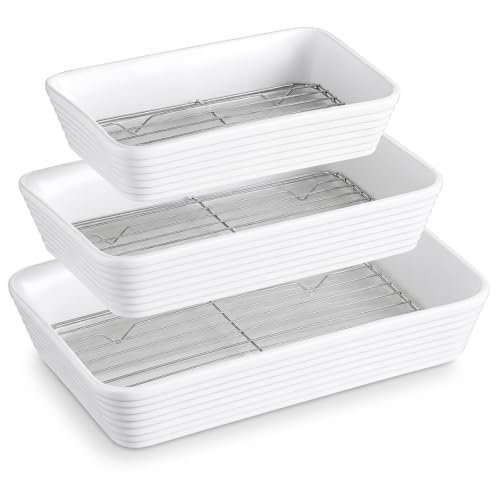 ONEMORE 3er Set Auflaufformen aus Keramik mit Rost, rechteckige Backform für Lasagne, Tiramisu und Aufläufe, in 3 Größen: 2,8 L, 2 L und 1,2 L