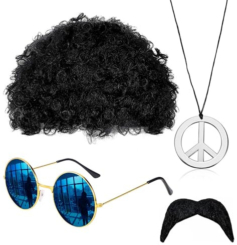 Hippie Kostüm Set, Funky Afro Perücke, Retro Brille, Schnurrbart & Friedenszeichen Kette für 70er Motto Party, Afro Disco Perücke für Herren & Damen, Verkleidungszubehör im Hippie Style (4 Psc)