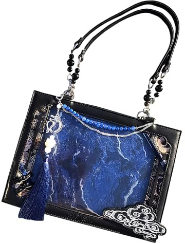 Handtasche für Damen, neo-chinesischer Stil, ästhetische Tragetasche für Reisen, Urlaub, Dates, Urlaub, Fotografie, Wandern, Einkaufen, Streetwear-Aktivitäten, schwarz und blau, Refer to description