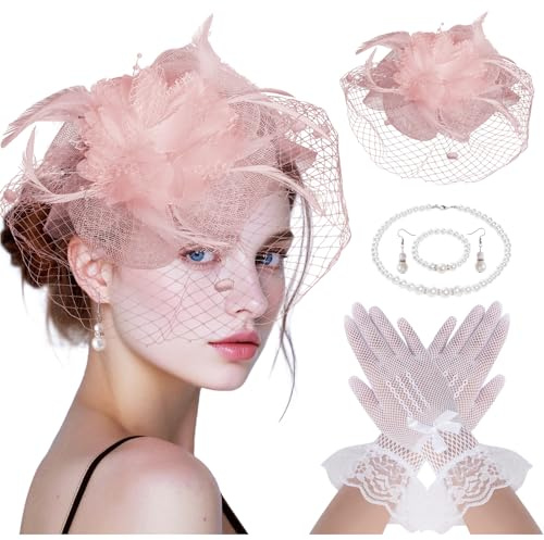 Fascinators for Women Tea Party Fascinator Hat for Women Veil Tea Party Hats and Gloves Set (US, Alpha, One Size, Nude Pink)