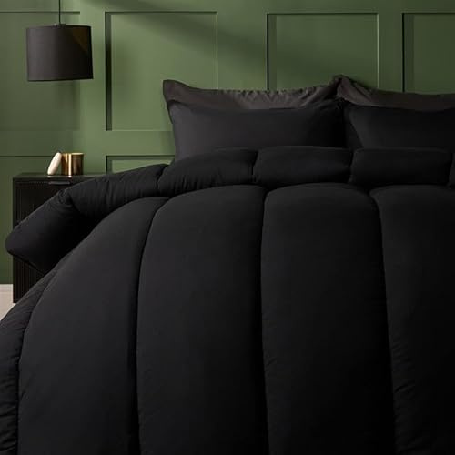 OHS King Size Duvet 10.5 Tog Coverless, Soft Warm Microfibre Fabric Comfortable Coverless Duvet Camping Summer Winter Washable Quilt King Size Duvets with Pillowcases, Black
