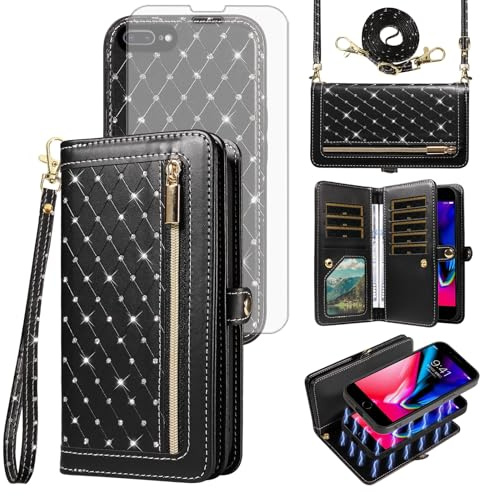 Phone Case for iPhone 7plus 8plus 7/8 Plus Zipper Wallet Detachable Cell Cover with Screen Protector Crossbody Lanyard Strap Flip Credit Card Holder i Phone7s 7s + 7+ 8s 8+ Phones8 7p 8p Women Black