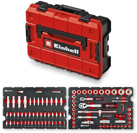 Einhell E-Case 92-tlg. Werkzeugkoffer Werkstatt | Werkstattausstattung | Bit-Zubehör | Stecknuss-Set | Umschaltknarren | Sechskant-Stiftschlüssel | Systemkoffer