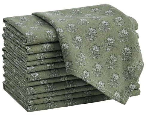 Mindsoft Set of 12 Floral Cloth Napkins Linen Cloth Napkins Spring Flower Wildflowers Dinner Napkin 18 x 18 Inch Vintage Washable Reusable for Dinner Home Restaurant Wedding Decor(Green,12 Pcs)
