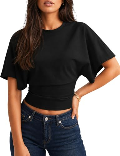 Navneet Women Cinched Waist Crop Tops Crew Neck Basic Tops | Slim Waist Short Sleeve T Shirts, Y2K Going Out Tops, Party Clubbing Tops, Music Concert Festival Outfits, Holiday Top