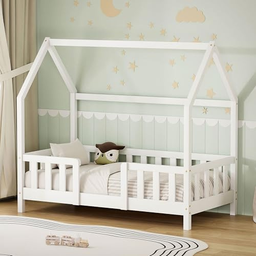 ML-Design Kinderbett Hausbett 70x140 cm mit Rausfallschutz, Dach & Lattenrost, Weiß, Bettgestell aus massivem Kiefernholz, Montessori Bodenbett, Holzbett für Mädchen & Jungen, Jugendbett, Einzelbett