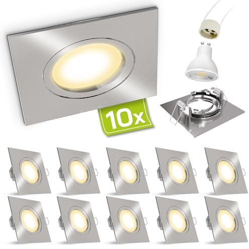 linovum 10 Stück Design LED Einbaustrahler Set eckig Edelstahl Optik gebürstet für 230V mit 5W GU10 Leuchtemittel warmweiß 2700K inkl. Fassung