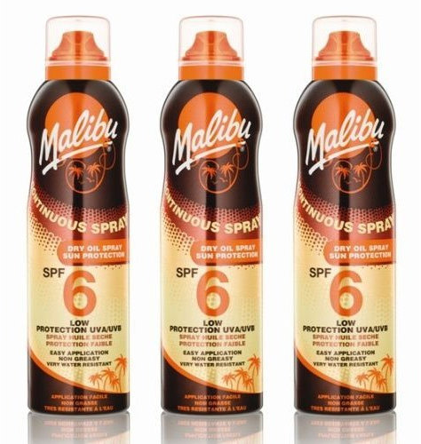Malibu Spray de aceite seco continuo en aerosol SPF 6. El paquete contiene 3 botellas – 175 ml cada una