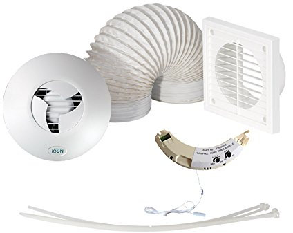 Airflow® iCON 15 Extractor Fan Kit - 100mm/4 - Comes with Humidity/Timer Module, White Grille, PVC Hose - 19 l/s, 9.7W Energy Efficient | 3-Year Warranty