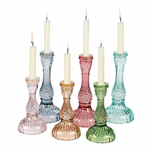 Loberon Kerzenständer 6er Set Moana, Verschiedene Größen, klassischer Antik-Look in modernen Farben, für Stabkerzen, Kerzenhalter, Kerzenleuchter, Ostern, Osterdeko, Glas, bunt