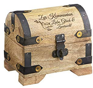 Casa Vivente Kleine Schatztruhe mit Gravur – Zur Kommunion – Motiv Taube – Helles Holz – Vintage Bauernkasse – Messing-Beschläge – Verpackung für Geldgeschenke – Geschenkideen für Mädchen und Jungen