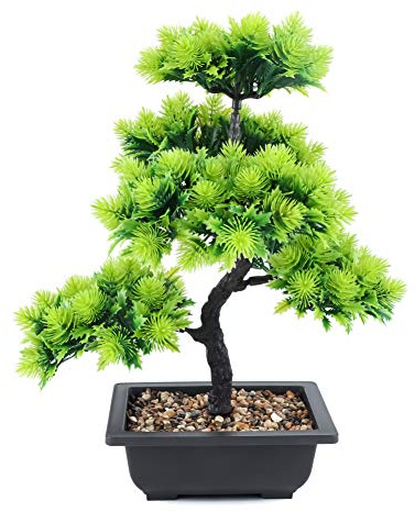 Künstlicher Bonsai Baum Kiefer im Brown Topf Plastik,Feng Shui Balkon Tisch Deko Pflanzen für Modern Schreibtisch Büro, Höhe: 40cm Klein,Hellgrün