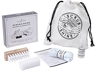 Dapper Chap 'Scrub & Shine' Trainer/Crep/Sneaker Cleaning Kit & Travel Bag | Comes With: Microfibre Cloth, Shoe Brush, Cleaner Spray, Super Eraser, 1 X White Laces | GGB Giftware | GB03857