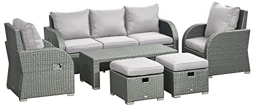 Outsunny Rattan Garden Sofa Set With 3 Seater Sofa, 2 Reclining Single Sofa, Coffee Table, Footstool, Space-saving Outdoor Patio Wicker Furniture Set - Light Grey