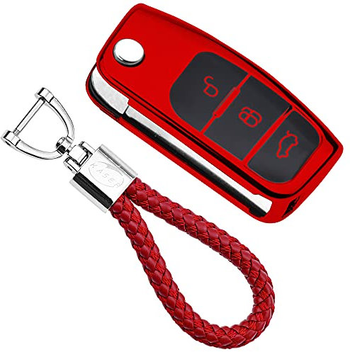 KASER Autoschlüssel Hülle kompatibel für Ford Cover TPU Silikon Hochglanz Schutzhülle Schlüsselhülle Fernbedienung Fiesta Focus Fusion Mondeo C-Max Kuga Ecosport Schlüsselbund (Rot)