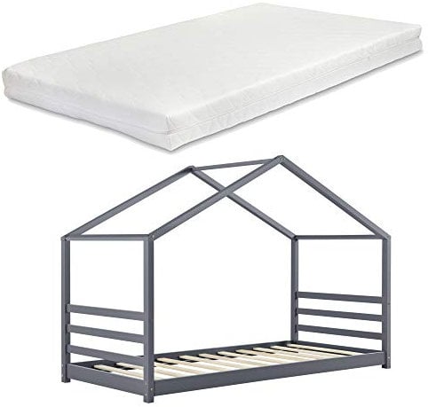 [en.casa] Kinderbett Vardø mit Matratze und Gitter 90x200cm Hausbett Kiefernholz Bettenhaus Bett Jugendbett Dunkelgrau