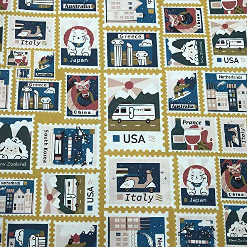 Kt KILOtela - Digitaler Leinwandstoff, bedruckt, Halbpanama, 100 % Baumwolle, Inlett, 100 cm lang x 280 cm breit, Länderstempel, Blau, Senf ─ 1 Meter