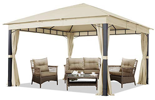TOOLPORT Gartenpavillon 4x4 m ALU Premium ca. 220g/m² Dachplane wasserdicht Pavillon 4 Seitenteile Gartenzelt Champagner ca. 9x9cm Profil