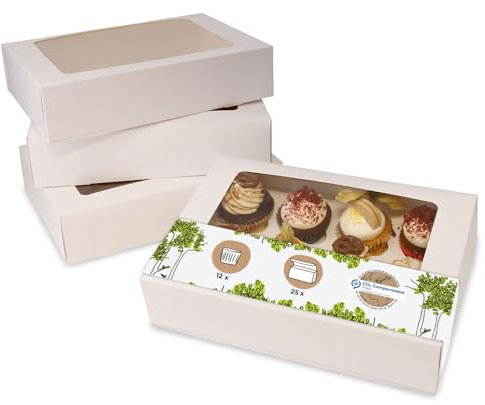 GREENBOX 12er Cupcake Muffin Box Karton mit großem Sichtfenster inkl. Einlage I 25 Stück Patisserieschachteln Geschenkboxen weiß I Bio Box Take Away Kartonschachtel biologisch abbaubar