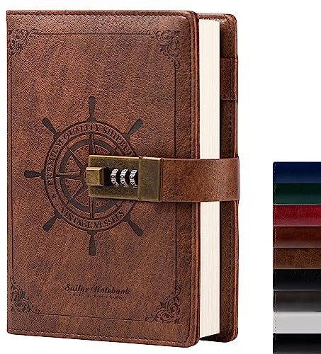 B6 Leather Journal Notebook with Combination Lock, Travel Sailor Writing Diary Personal Planner Organizers As Gift for Girls Boys Women, 7.87 X 5.51 in (Coffee)