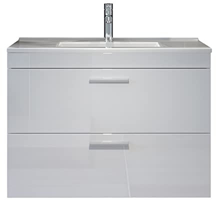 trendteam smart living - Devon - Waschbeckenunterschrank inkl. Keramik-Einsatzwaschbecken - Weiß/Weiß Hochglanz - Waschtisch hängend - (BxHxT) 81 x 59 x 47 cm - Waschbeckenschrank mit 2 Schubladen