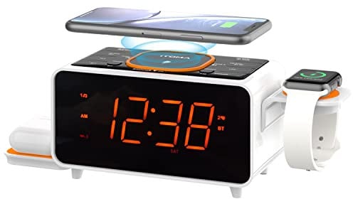 Radio-réveil à Double Charge sans Fil avec Haut-Parleur Bluetooth, Radio FM Numérique, Deux Ports USB, Double Alarme, Veilleuse, Commande de Gradateur et écran Orange 1,4 iTOMA CKS209