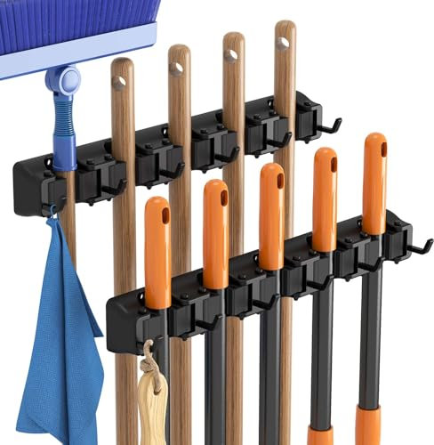 Lifewit Broom Mop Holder Wall Mounted,Heavy Duty Broom Storage with 5 Slot 6 Hooks, Utility Room Storage Solutions for Broom Cupboard Kitchen Bathroom Garage and Garden Tool Organiser, 2 Pack, Black